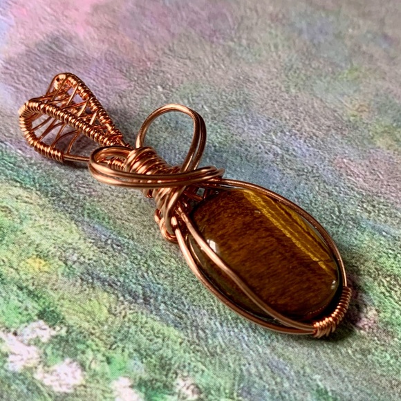 Copper Wrapped Tiger's Eye Pendant | Handmade NWT | 28" Brown Necklace Cord - Picture 2 of 5